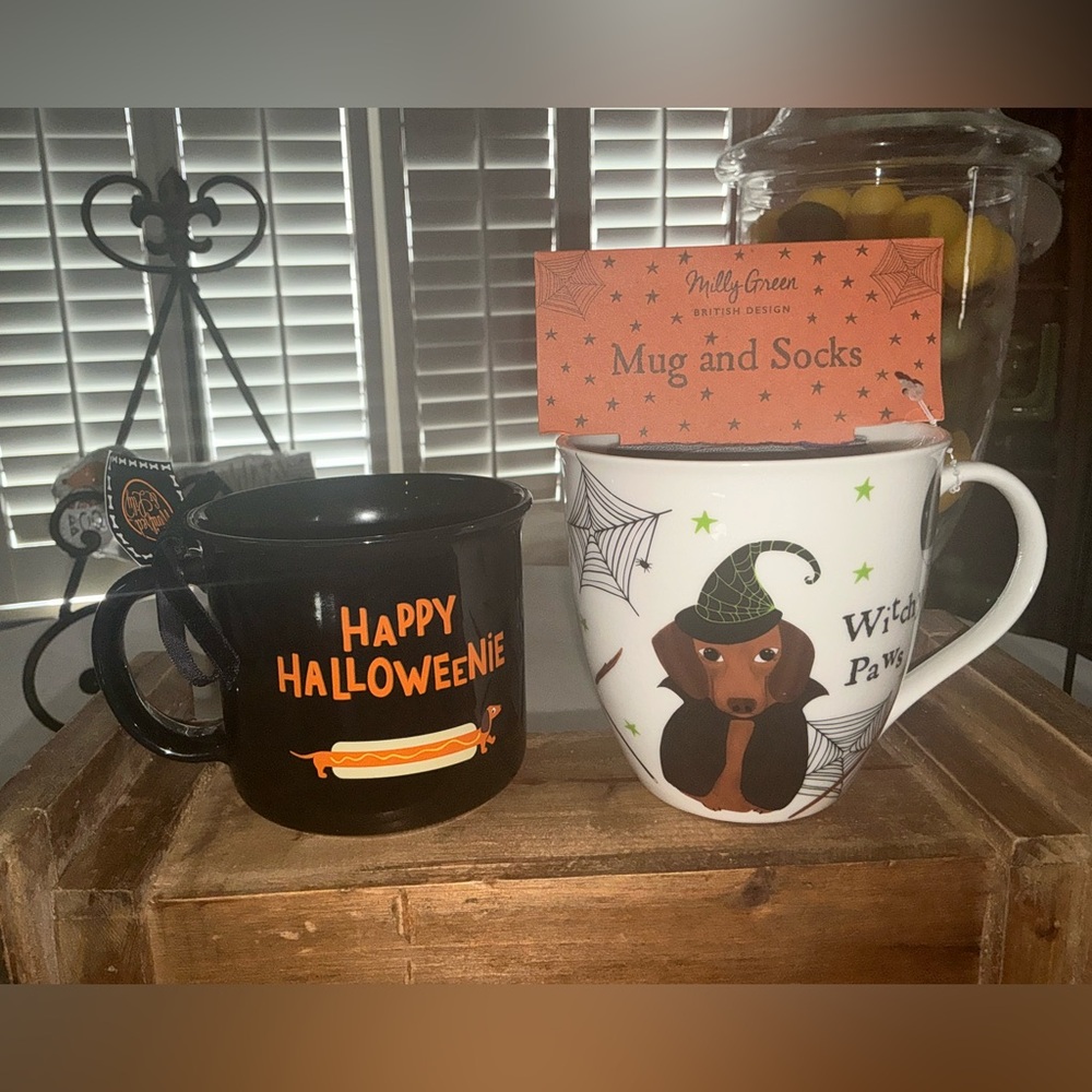 Two Dachshund Halloween Mugs + Halloween Socks NWT